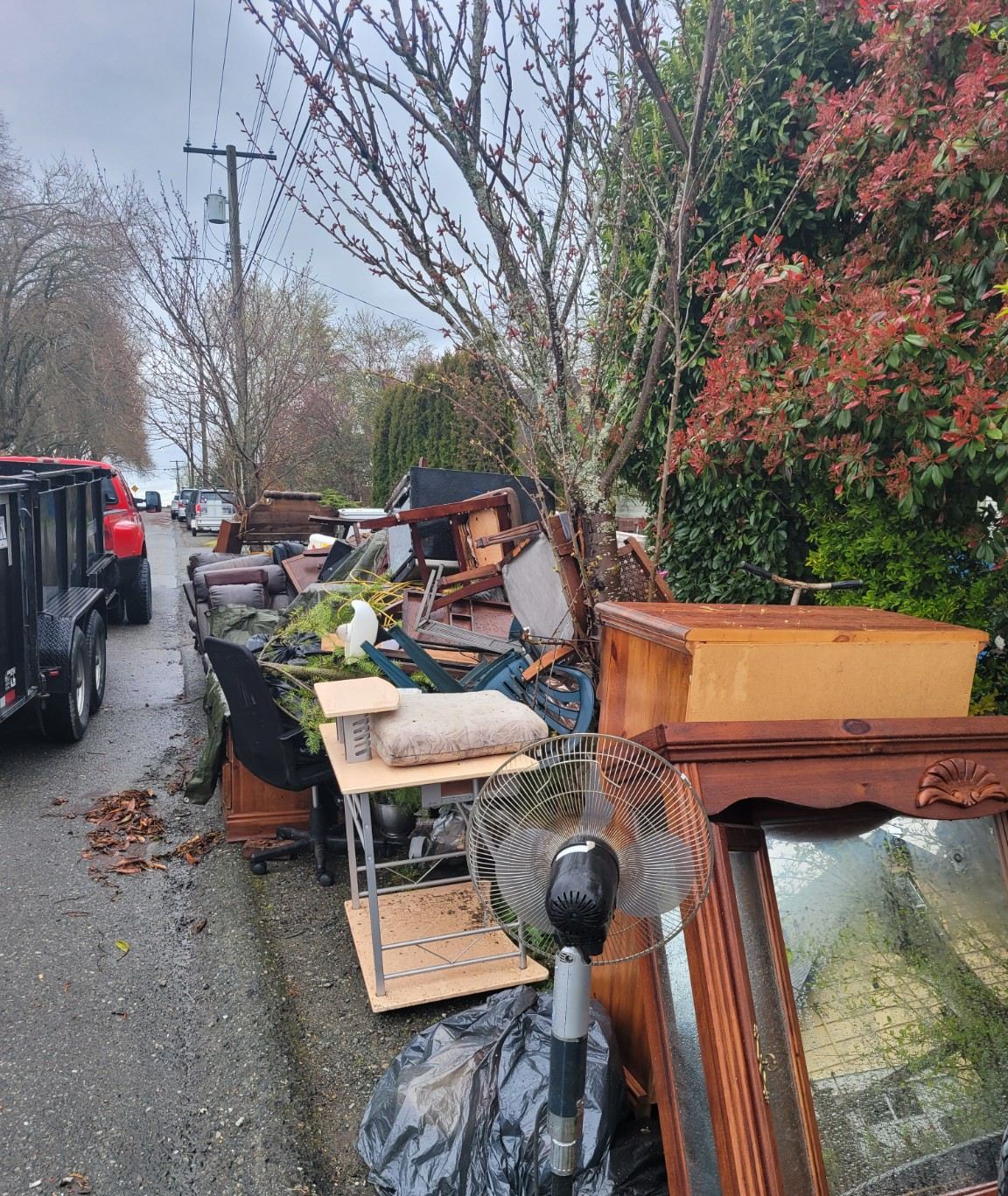 A boulevard piled with couches, chairs and household furniture in Nanaimo before pickup